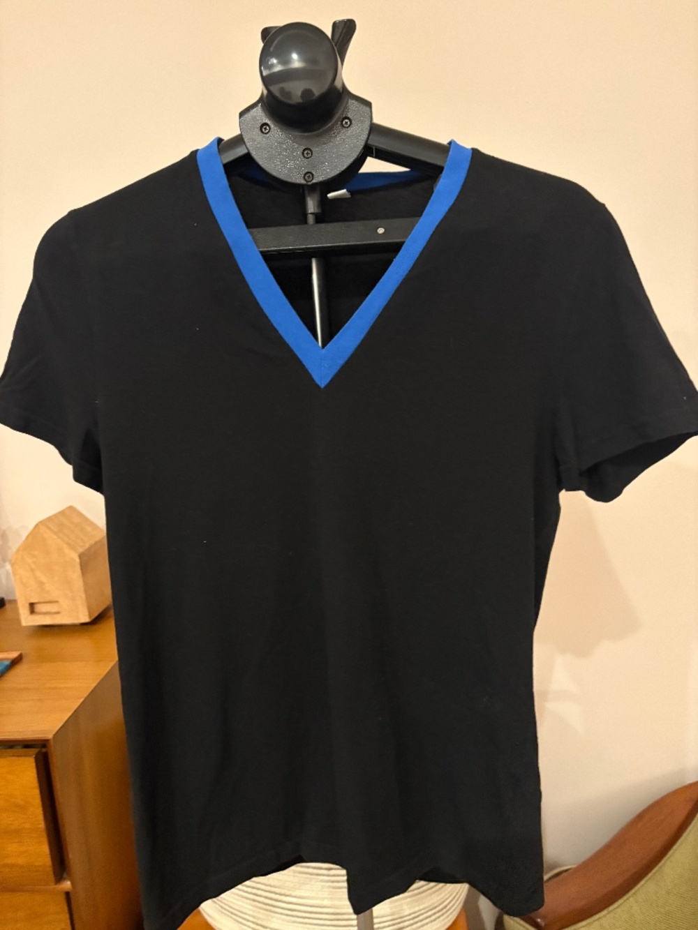 Moschino Mare Black Blue V-Neck T-Shirt Made in Italy Cotton Stretch Vintage, M